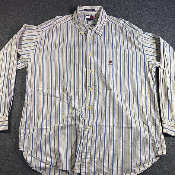 Vintage Tommy Hilfiger Shirt Mens XL Striped Crest Button Up 90s 100% Cotton - Picture 1 of 10